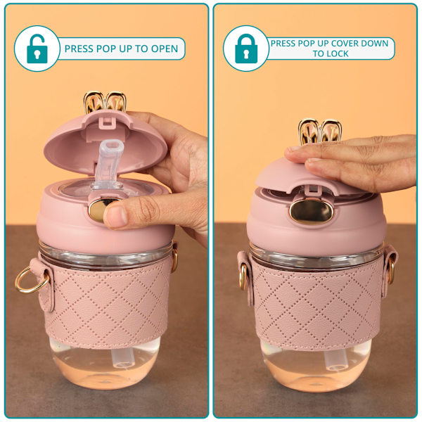 Rosa vattenflaska med sugrör och rem - 350 ml BPA-fri plastflaska med läcksäkert lock - Vattenflaska för alla åldrar