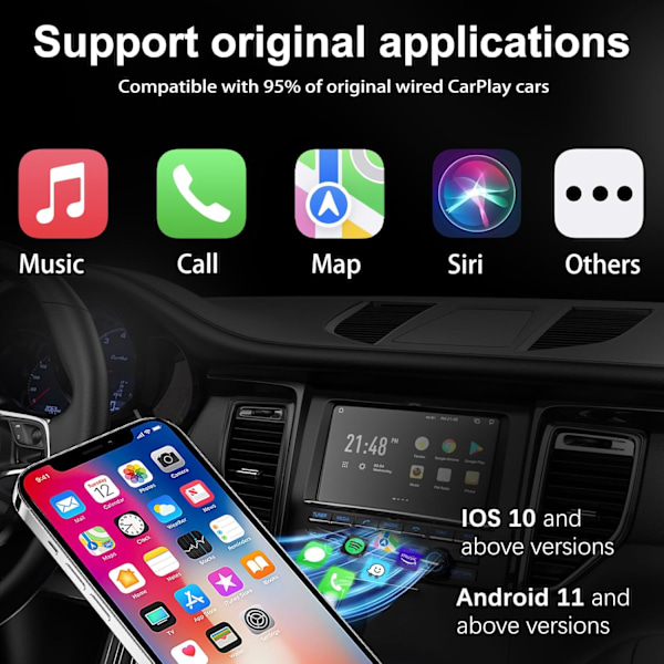 2-i-1 Trådlös CarPlay-adapter för CarPlay/Android Auto, Trådlös CarPlay-adapter för Android 11 och högre versioner av iPhone iOS 10, för fordon