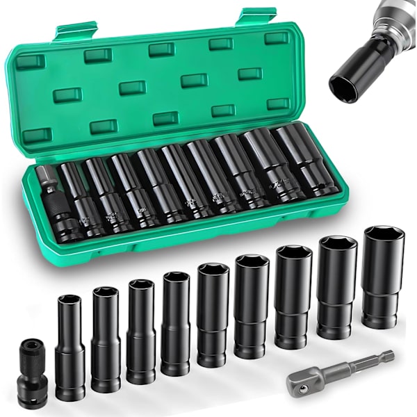 11 dele slagfastnøgle 1/2, 10-24mm lang fatning kasse, fatninger og kasser, slagfastnøgle fatning