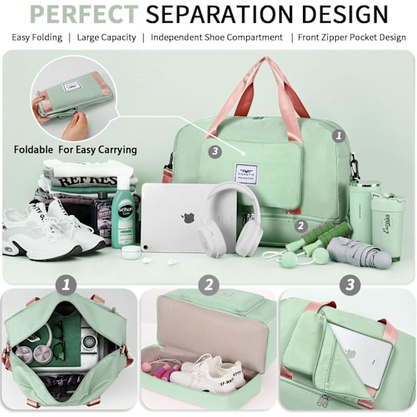 Foldbar Weekendbag, Over natten sykehusbag med sko-rom og våt lomme, Vannresistent treningsbag for reise, Holdall for kvinner og menn