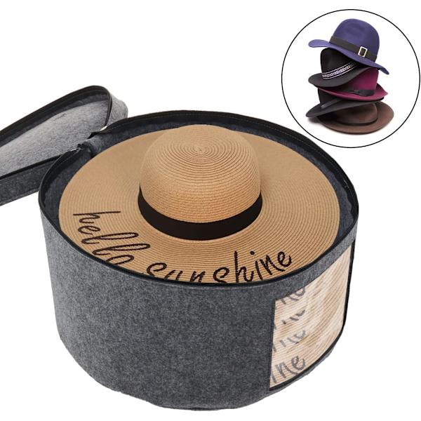 Oppbevaringsboks for hatter med lokk, 17 tommer diameter Pop Up Hat Boxes, sammenleggbar reisehatt Grey