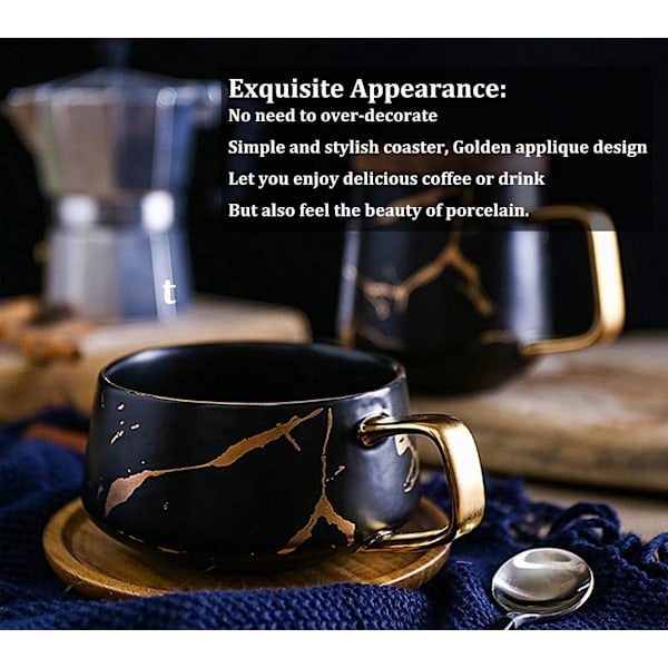 Sæt med tekopper og underkopper, porcelæn espresso kaffekop med underkop og ske, Valentinsdag Morsdag Fødselsdag Julegaver (Sort) Black