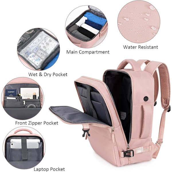 Resväska, Peraonal Item Carry on Backpack Kvinnor Flygbolag Godkända Handbagage, Vattentät College Ryggsäck, Business Work Vandring Casual Väska,Rosa