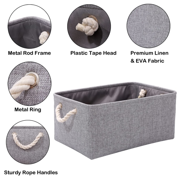 Fabric Grey Storage Boxes with Handles, Small Grey Storage Basket, Canvas Storage box for Cupboards, Shelves, Toys, Clothes, Office (grey, small)