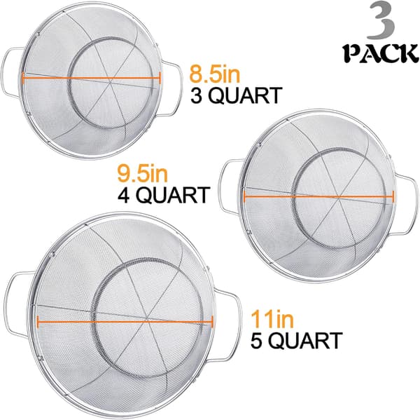 3-pak 18/8 rustfri stål dørslagssier (5-quart, 4-quart og 3-quart), netkurve med maske