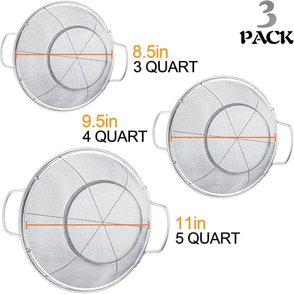3-pakning 18/8 rustfritt stål dørslag (5-Quart, 4-Quart og 3-Quart), silnettingskurver