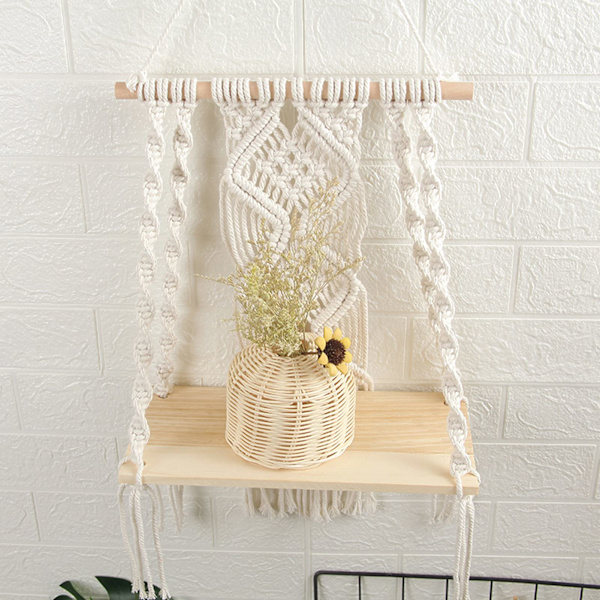 Boho väggmonterad hylla i trä, väggdekoration, bohemisk macramé väggdekoration, hyllor för vardagsrum