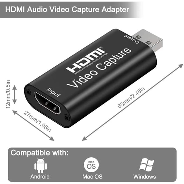 Ääni- ja videokaappauskortti, 1080p HDMI-USB-sovitin, kannettava Plug & Play -kaappauskortti