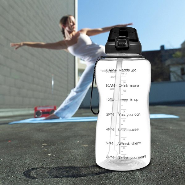 2L Vattenflaska Med Sugrör & Läckagesäker Flipplock, 2000ml Vattenflaska BPA-Fri Med Tidsmarkör Transparent