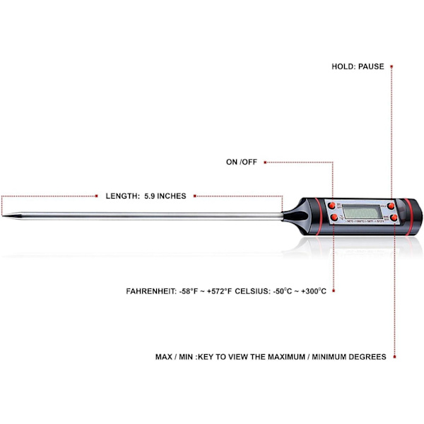 Kjøkkentermometer Digitalt Kjøtttermometer med Rustfritt Lang Sonde og Nøyaktig LCD-skjerm for Væsker, Kjøtt, Melk, Grill, Matlaging, Grill