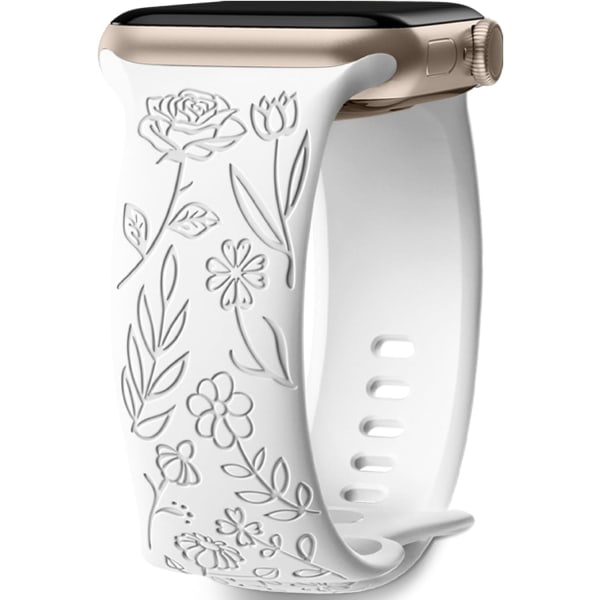Blommig graverad rem kompatibel med Apple Watch Armband 38 mm 40 mm 41 mm för kvinnor, ersättningsband för iWatch Series SE 9 8 7 6 5 4 3 2 1, Vit White
