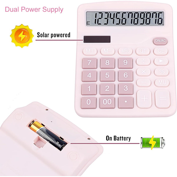 Sød lyseblå skrivebordslommeregner med store knapper, dobbelt strømkilde, sol og batteri, stor skærm (lyserød)