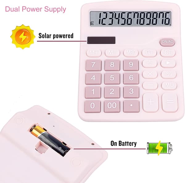 Søt lyseblå skrivebordsregner med store knapper, dobbel strømkilde, sol og batteri, stor skjerm (rosa)