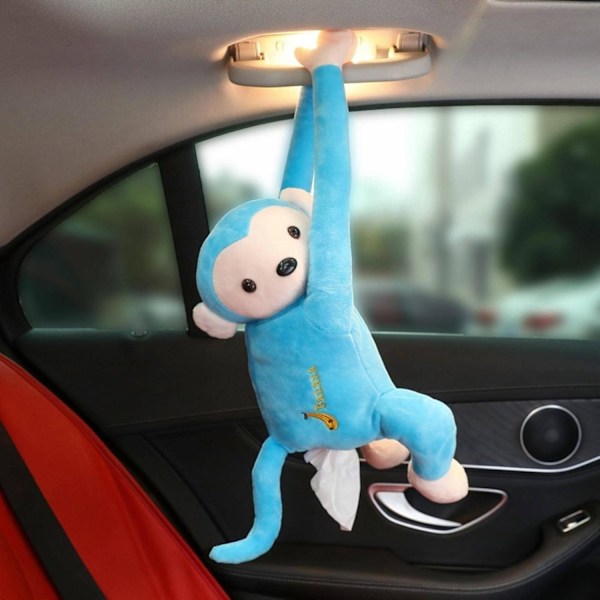 Luovu Leather Monkey -kudoslaatikko auton tarvikkeet kudosjakaja riippuva auton tuolin selkänojan paperin ulosottolaatikko sarjakuva söpö, sininen