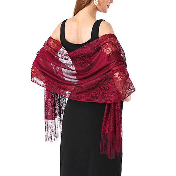 Kvinners Blomster Blonde Sjal Sjal med Dusker, Myk Mesh Frynser Wraps for Bryllup Aften Festkjoler 180CM rød Red