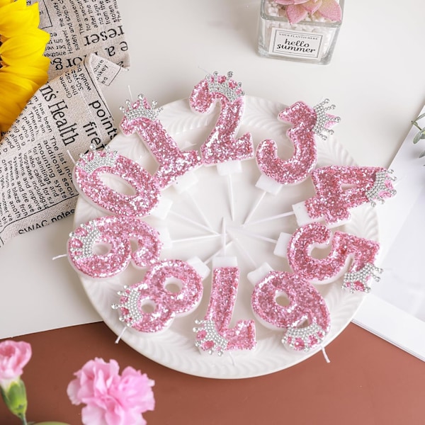 Syntymäpäivän numerokynttilät, vaaleanpunainen kruunun syntymäpäiväkynttilät kakkuun, glitter numeron 6 kynttilä kakkukoriste paljetein (vaaleanpunainen 1)
