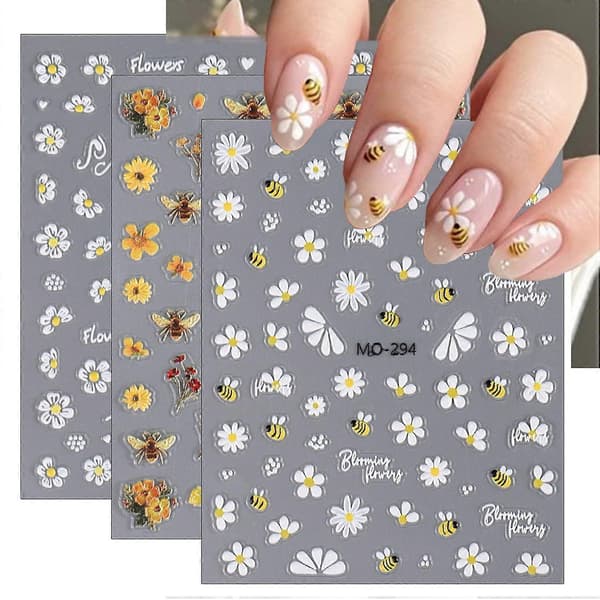 3 st Blommor Nageldekaler 5D Präglade Söta Bin Nageldekor Vår