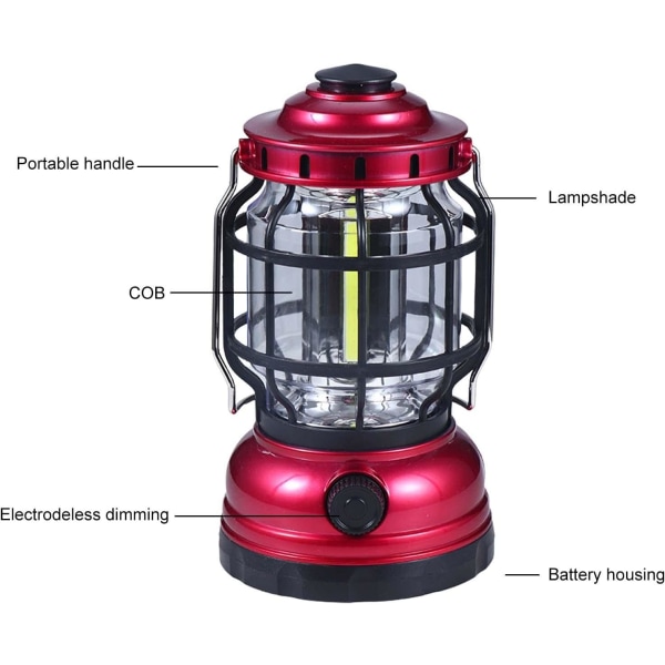 Oppladbar campinglanterne - 1200mAh bærbar lommelyktbatteri backuplys for hjem, camping, fotturer, utendørsredning - med USB-kabel