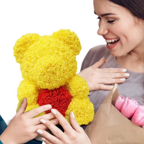 Rosebjørn, Kunstige Blomster Rosebjørn med Hjertedesign, Blomsterbjørn Rose til Jubilæums Valentinsgave Yellow