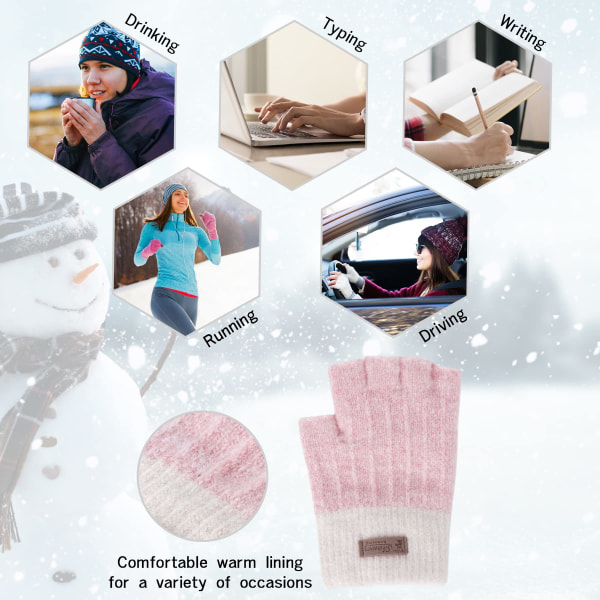 Fingerløse handsker til kvinder - Vinter termohandsker Varm blød strik halvfingre vanter til damer Kørsel Arbejder Maskinskrivning pink,beige