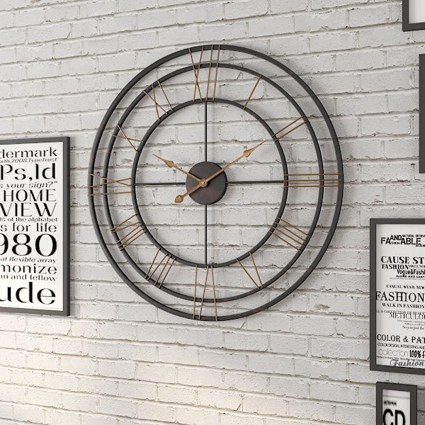 Suuri seinäkello musta, vintage roomalaiset numerot koristeellinen metallikello lähes äänetön moderni kodinsisustus ihanteellinen ulkoseinäkello koristeellinen olohuone 50cm