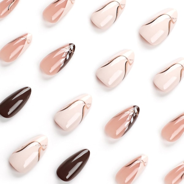 Bruna Press-on-naglar Mandel, Franska Falska Naglar Medellång Längd Falska Naglar med Lövdesign, Glansiga Full Cover Lim på Naglar Artificiella Oval Stick