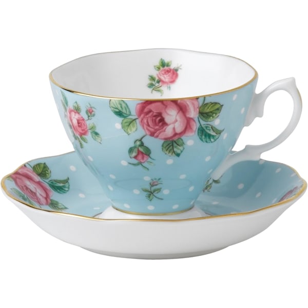 Modern Vintage Tekopp & Fat, 2-delars Set Polka Blå, Flerfärgad, Benporslin