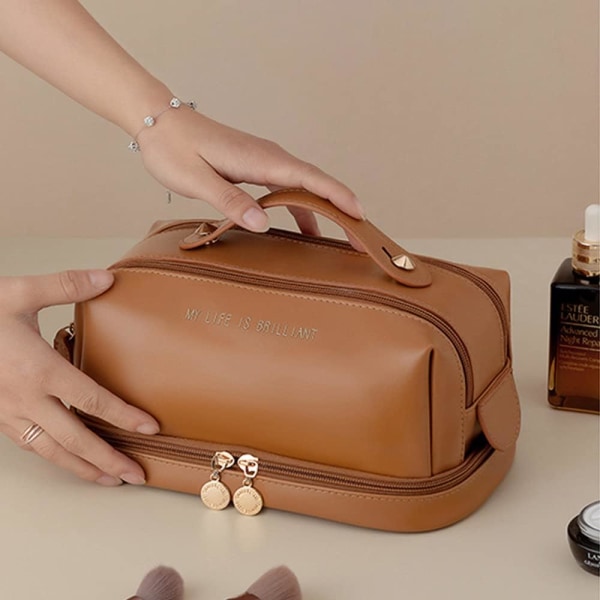 Kosmetisk väska med stor kapacitet, dubbla lager resesminkväska, PU bärbar vattentät toalettväska för kvinnor, flickor (brun) Brown