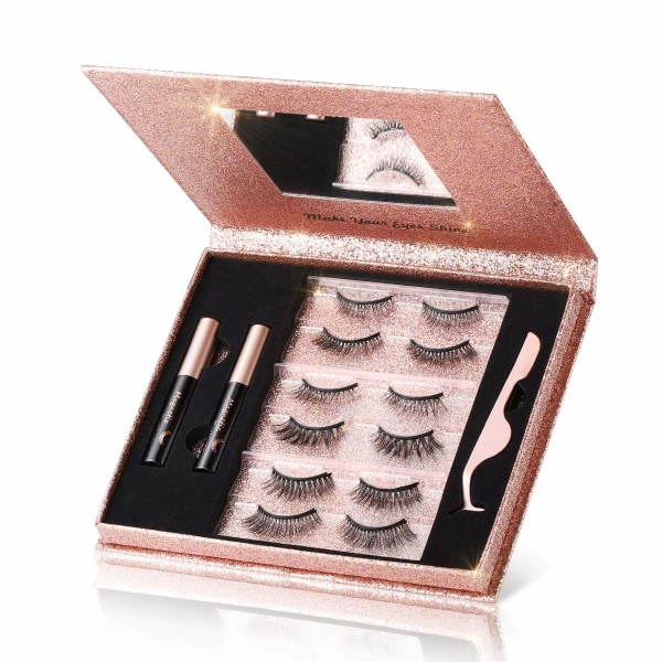 Magnetiska ögonfransar med eyeliner, 6 par 3D Natural Look magnetiska eyeliner och fransar kit, 2 rör långvarig magnetisk eyeliner 10mL