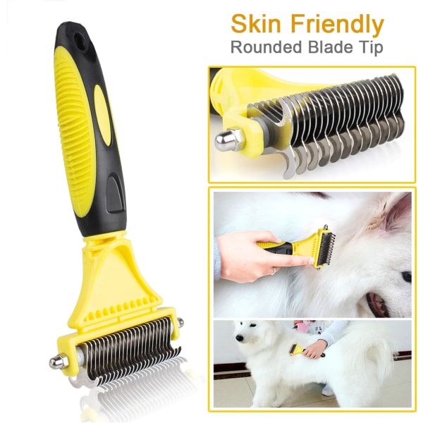 Hundborste Kattborstevårdskam, dubbelsidig underullskrapa för långt hår, husdjur Katthund minskar effektivt håravfall med upp till 90 %(gul) Yellow