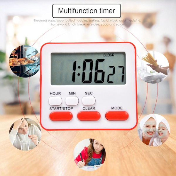 Elektronisk timer, kökstimer, timer för lärandehantering, LCD digital nedräkningsur med stativ, röd