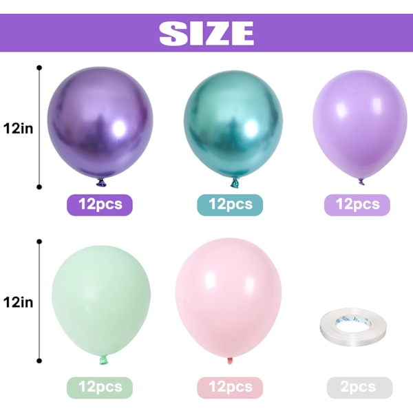 Sjöjungfru-ballongset, 60 st 12 tum metalliska lila rosa gröna blå latexballonger för flickors sjöjungfru-födelsedagsfestdekoration