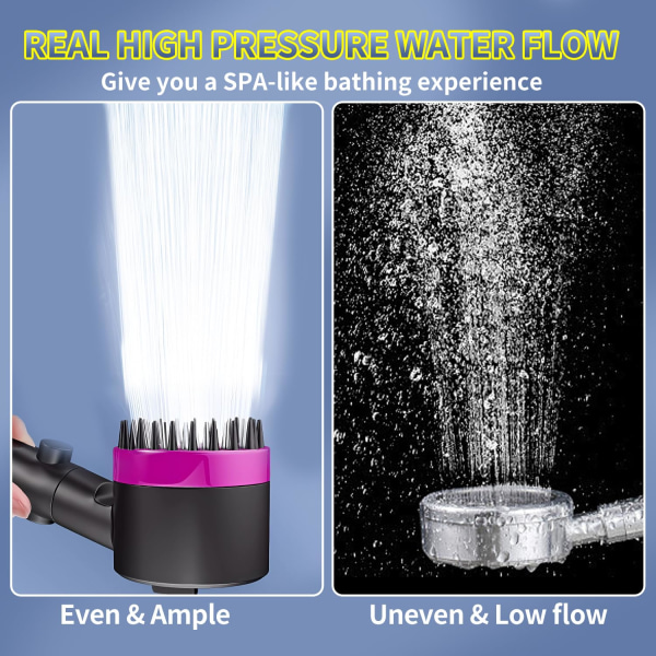 Høytrykks 3-modus håndholdt dusjhode - Justerbart spa dusjhode med kraftig regnspray (rosa) Black