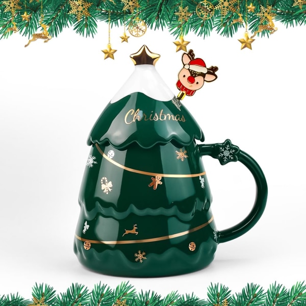 Julekaffekrus Julekeramikkkrus med lokk og rørepinne 400ml juletreformede kaffekrus Festival Søte julekrus Green
