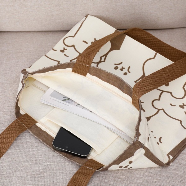Bear Tygväska med dragkedja Damtygsväska Återanvändbar shoppingväska med ficka Tvättbar hopfällbar shoppingväska för kvinnor flickor