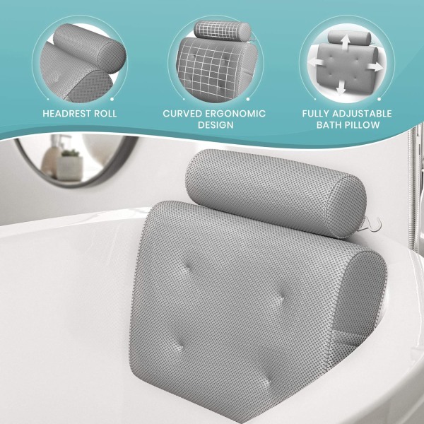 Fast Drying Bath Cushion with Headrest Supports Head, Neck, and Back - Thick, Portable, Bathing Accessories - Bathtub Pillows for Relaxing