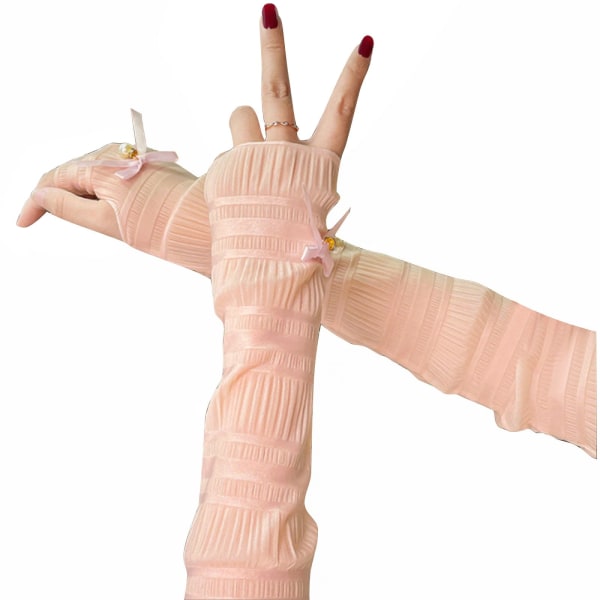Kvinnor Arm Solskyddsmedel, 1 Par Solid Bow Pearl UV Solskydd Arm Sleeve, Long Ice Silk Sunblock Fingerless Handskar med tumhål Pink