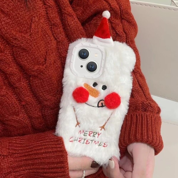 iPhone 14 plysjdeksel, juledeksel Cute Lovely Snowman Fluffy Fur Plysj med 3D julehatt Myk TPU støtsikkert dekselveske 6,1 tommer - Snowman