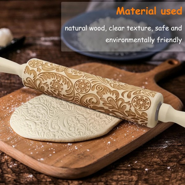 Christmas Rolling Pin, Christmas Embossed Patterned Textured Wooden Rolling Pin for Baking Engraved, Cookie Stamps Roller (Snowflake)35CM*5CM