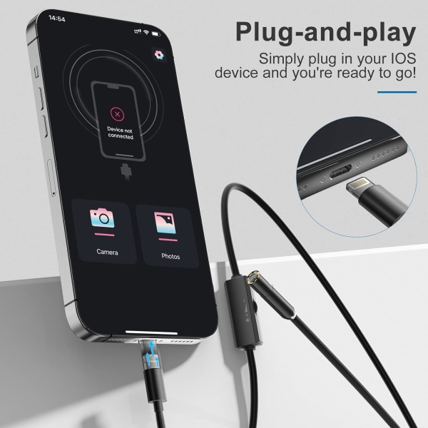 Endoskop for iPhone, ILIHOME inspeksjonskamera med 5,5 mm objektiv for, 3,5 meter halvrigid kabel boreskop IP68 vanntett 3.5m