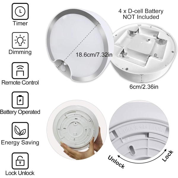 LED-bevegelsessensor taklampe batteridrevet IP64 rund innendørs utendørs innfelt montering (batterier ikke inkludert)