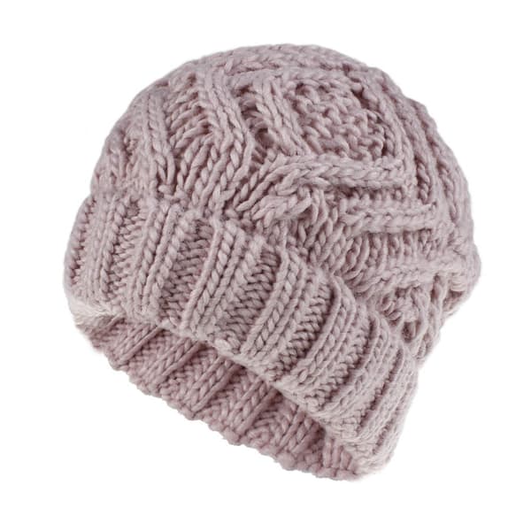 Unisex Vinter Varm Strikket Lue Hette Rhombus Chunky Vev Solid Cuffed Skull Cap Pink