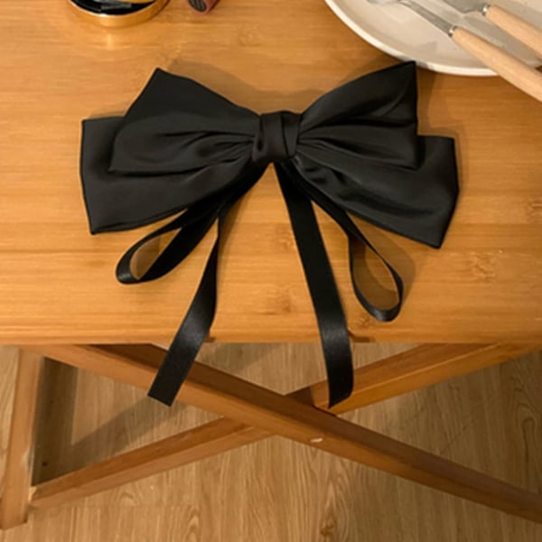 1Pcs Black Silky Satin Hair Bow Clip With Long Ribbon Soft Solid Color Bowknot Hairpin Large Bow Hair Slides Metal Barrette Clips