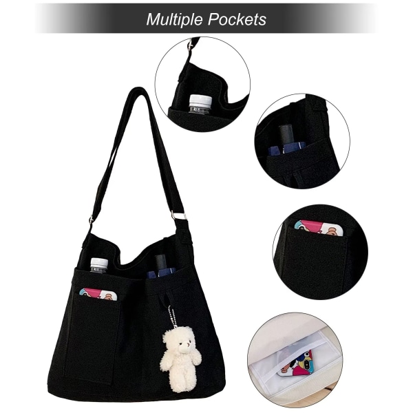 Skuldertaske i lærred med lynlås, genanvendelig, vaskbar, crossbody strandtaske til kvinder Sammenfoldelig indkøbstaske Miljøvenlig Hobo-taske-håndtaske Black