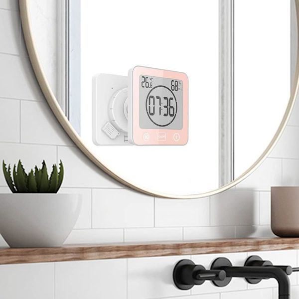 Badeværelsesbruserur, LCD digitalt alarm, termometer hygrometer, nedtællingstimer (rød) Pink