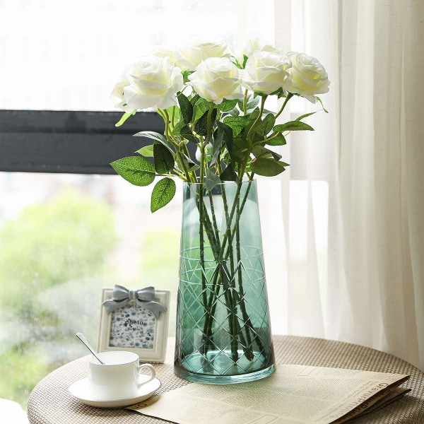 12 stjälkar konstgjorda rosor, 19,68 tum enstaka lång stjälk falsk ros siden bröllopsbukett realistisk blomma för hemträdgård (blommande rosor, vit) white