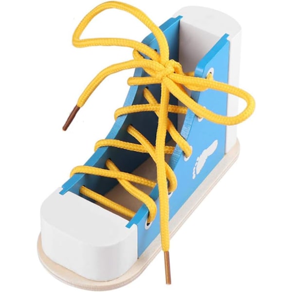 Learn to Tie Shoes Wooden Lacing Shoe Toy Shoelaces Tying Toy Teaching Kit for Kids, Blue