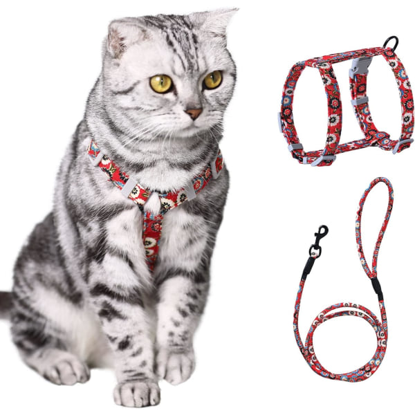Kattesele med bly, justerbar seleledningssett for kattunge små kjæledyr utendørs turgåing med hurtigspenne, blomsterdesign (S: bryst 22-32 CM, rød) S