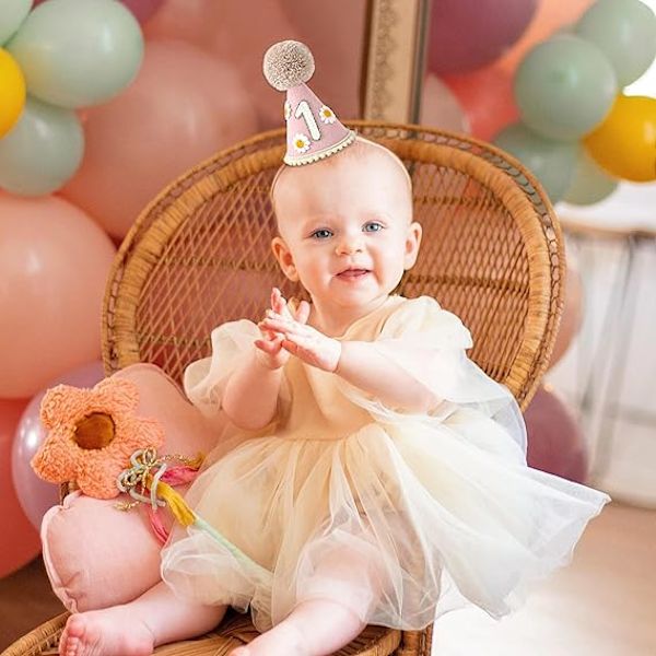 Första födelsedagshatt för bebis - 1-års kalasdekoration för bebisvisning, 1-års outfit flicka pojke, Daisy födelsedagshatt