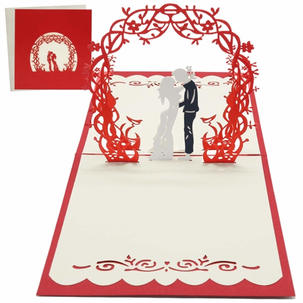 3D pop op-kort med konvolut til hende ham par hustru mand, luksus brud og brudgom under bue, lykønskningskort